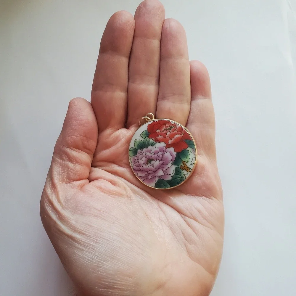 Vintage Transferware Porcelain Floral Pendant Round Peony Pink & Red Peonies